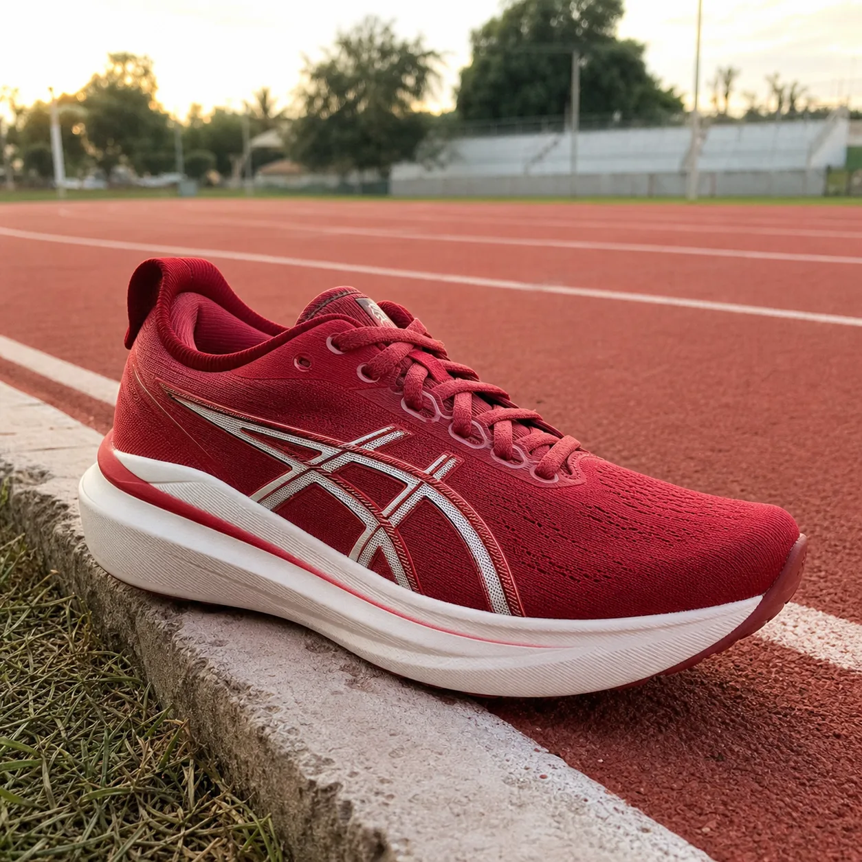 Foto do tênis ASICS GEL-Kayano 31 vermelho e branco na borda de uma pista de atletismo