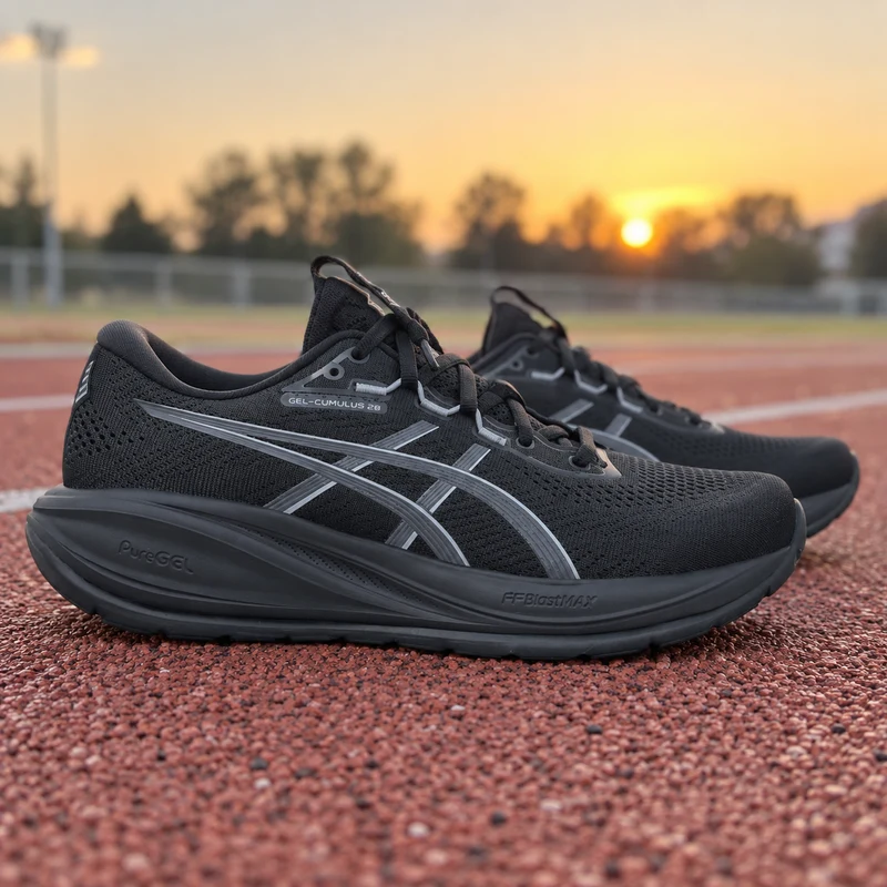 Cena ilustrativa do par de tênis ASICS GEL-Cumulus 28 masculino preto em uma pista de corrida ao pôr do sol