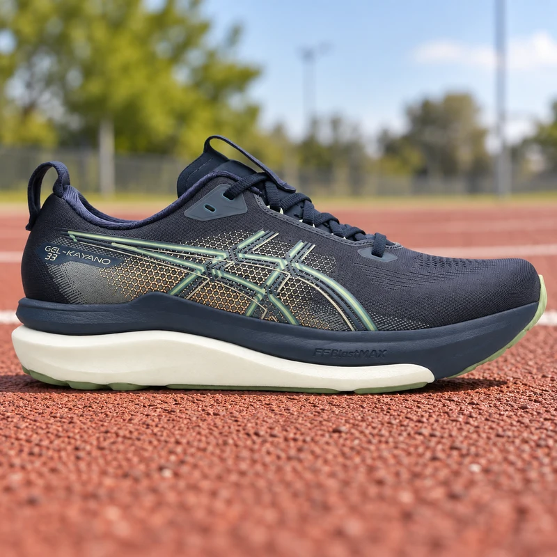 Cena ilustrativa do tênis ASICS GEL-Kayano 33 masculino azul-marinho e verde em uma pista de corrida