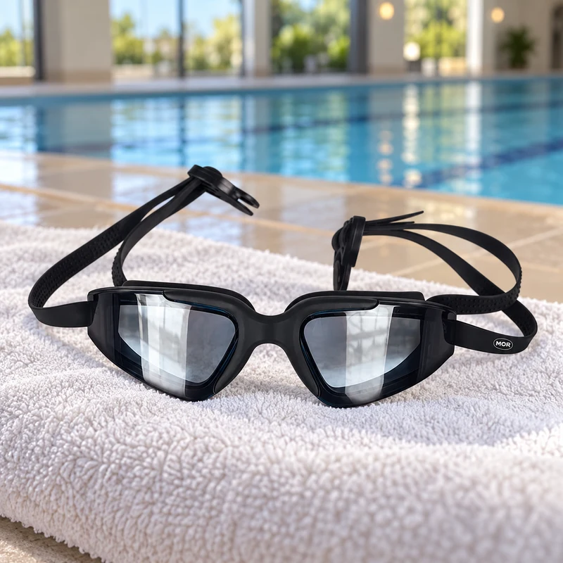 Cena ilustrativa dos óculos MOR Profissional pretos com lente escura sobre toalha em piscina coberta