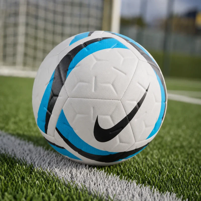Cena ilustrativa da bola Nike Academy branca, azul e preta sobre gramado sintético