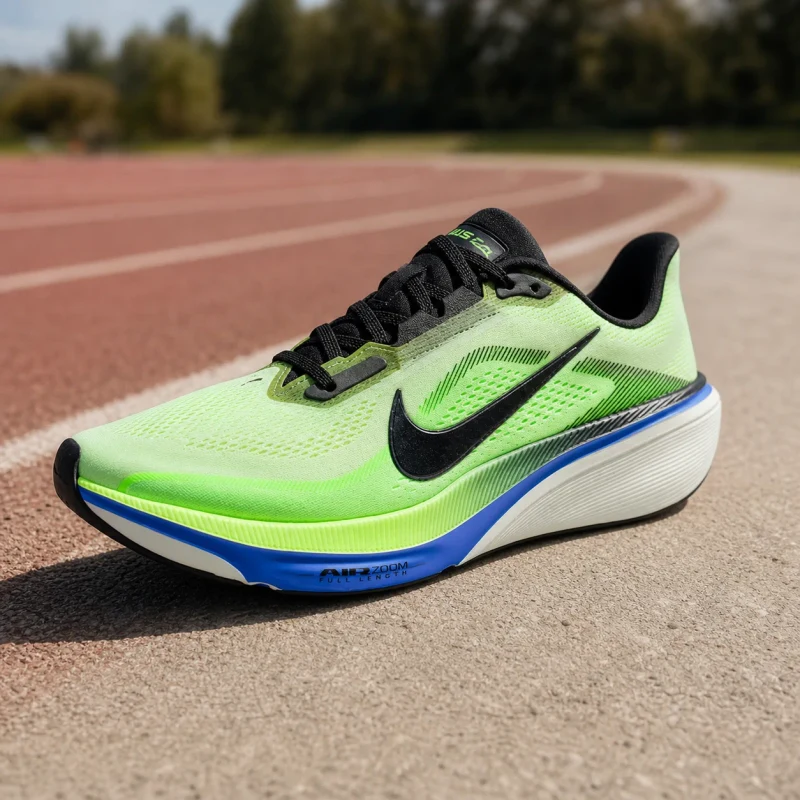 Cena ilustrativa do tênis Nike Pegasus 42 verde-limão e azul em uma pista de corrida