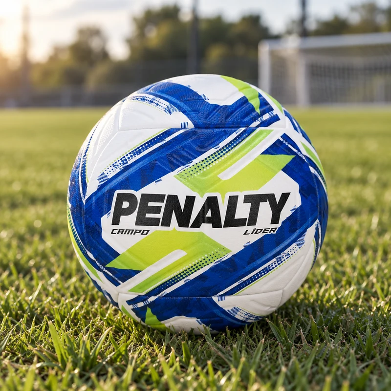 Cena ilustrativa da bola Penalty Líder XXVI branca, azul e verde-limão sobre gramado de campo