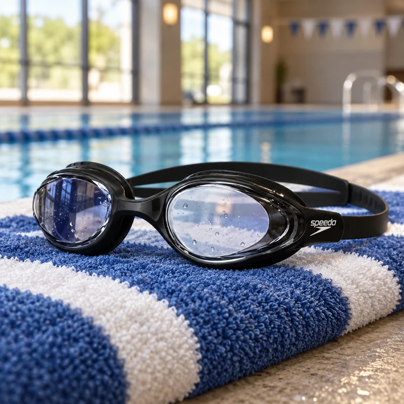 Cena ilustrativa dos óculos Speedo Hydrovision pretos com lente cristal sobre toalha listrada em piscina coberta